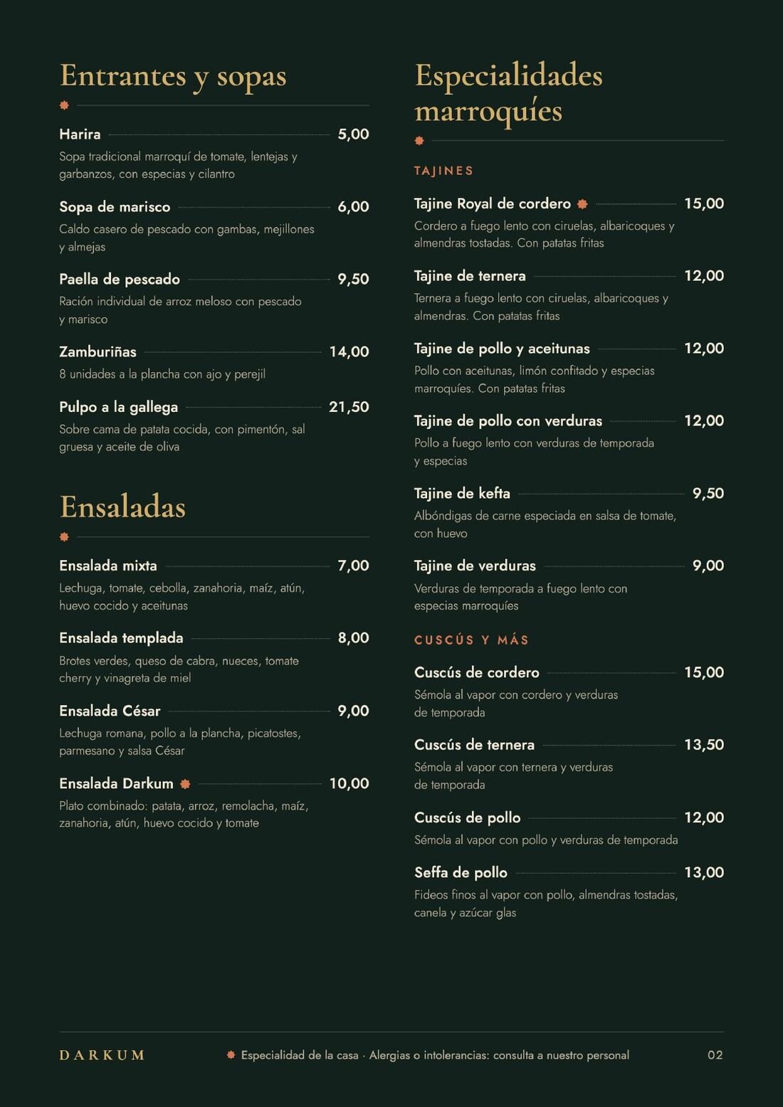Carta: entrantes, ensaladas, tajines y cuscús