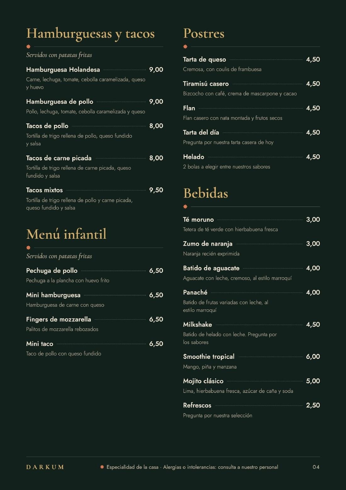 Carta: hamburguesas, tacos, menú infantil, postres y bebidas