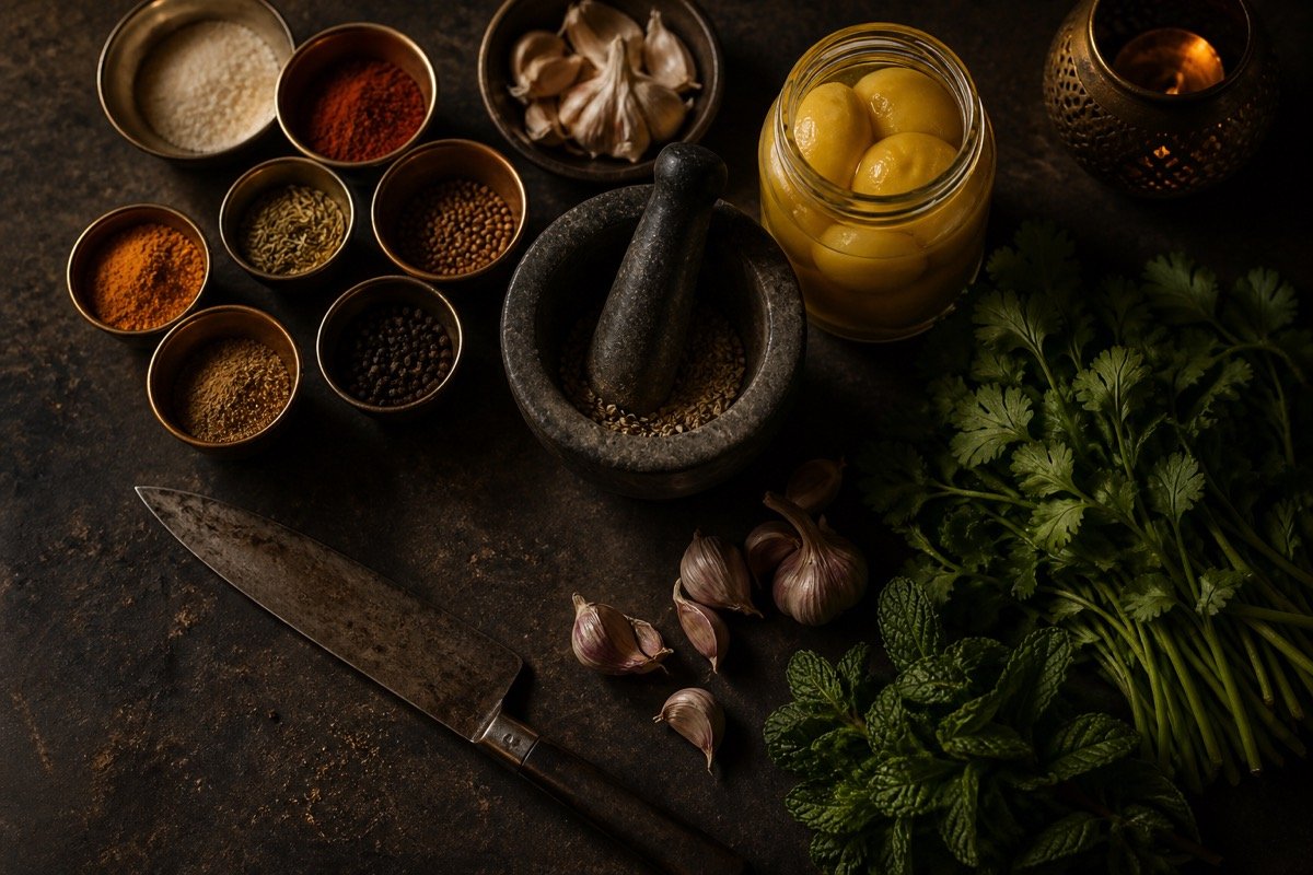 Especias marroquíes y mortero en la cocina