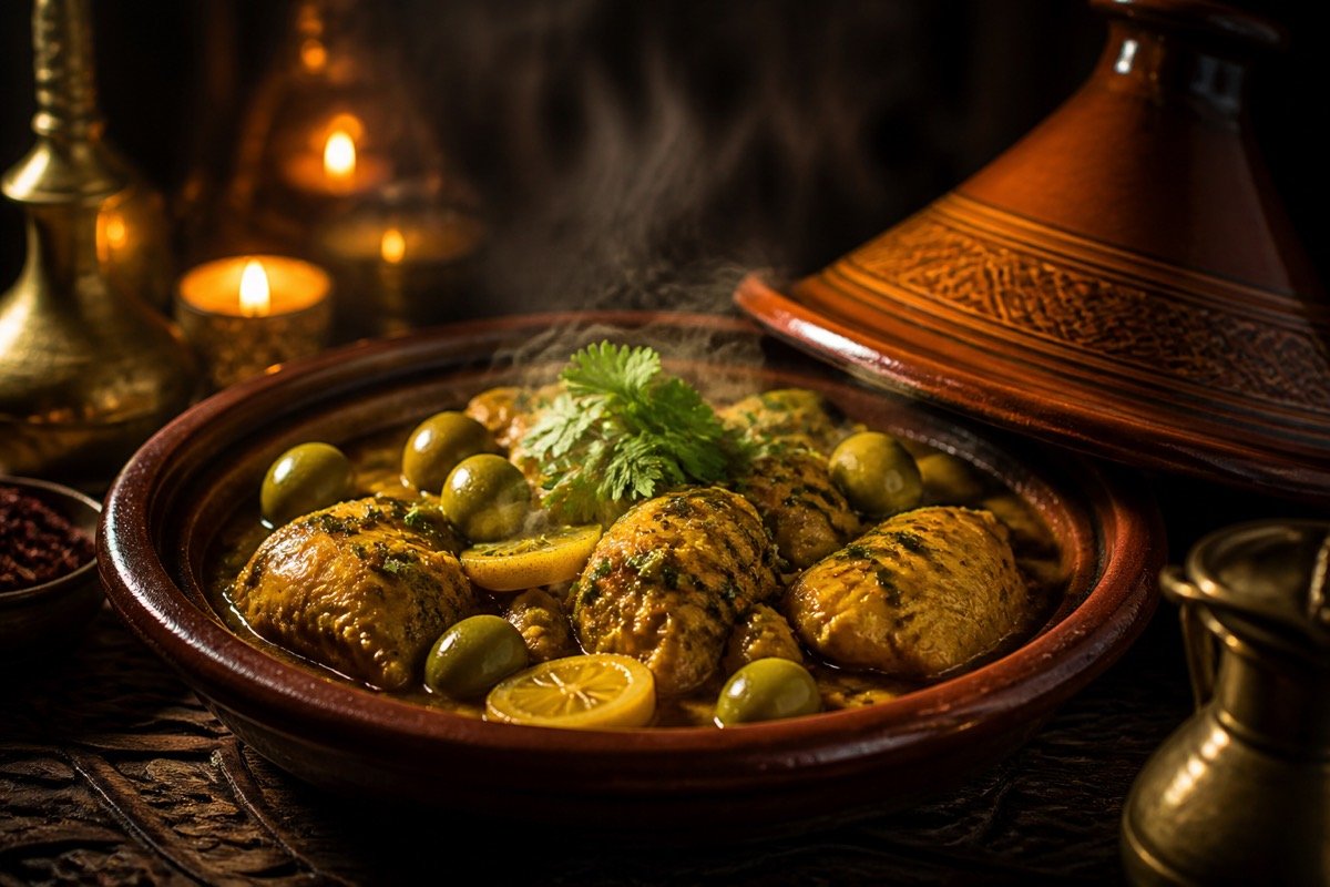 Tajine de pollo con limón confitado y aceitunas